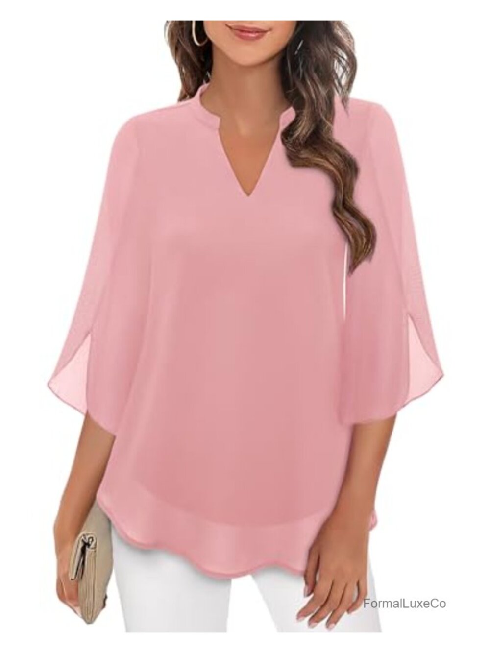 Womens Chiffon Blouse 3/4 Bell Sleeve V Neck Double Layer Dressy Casual Top